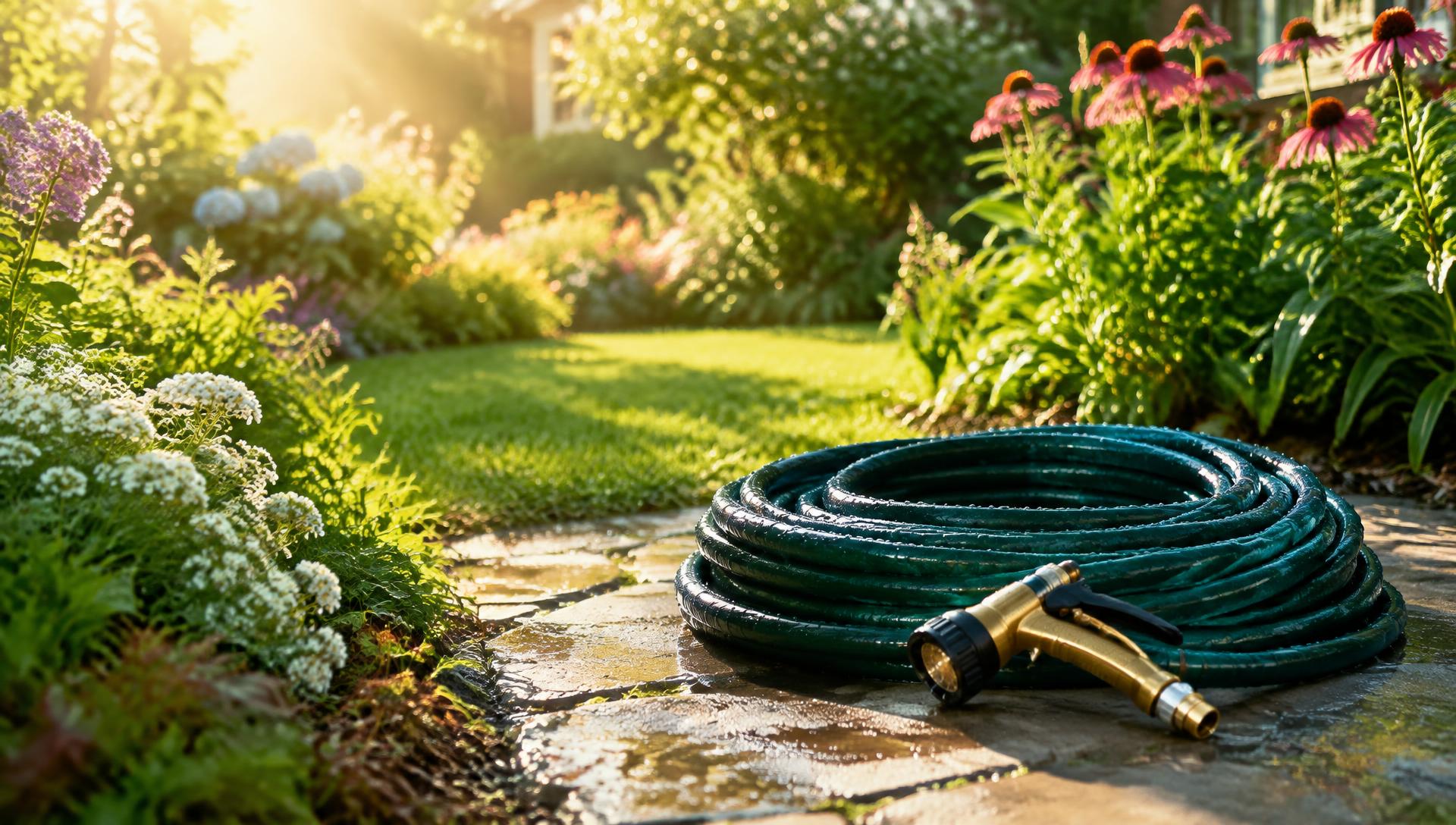 Coiled green garden hose with brass spray nozzle on a garden path