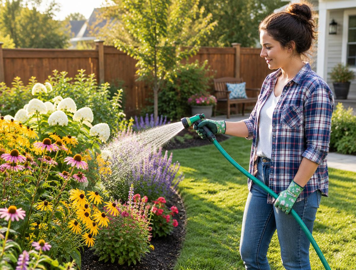 Gardener watering flower beds with a green hose